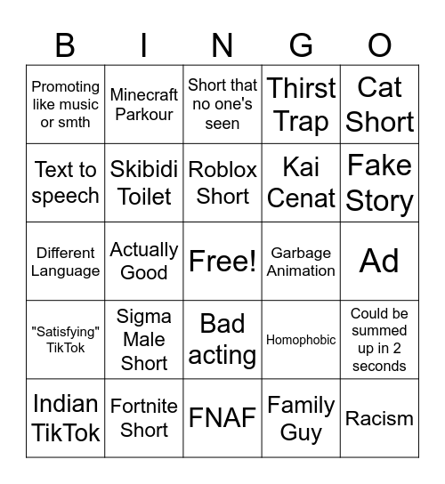 Shorts Bingo Card