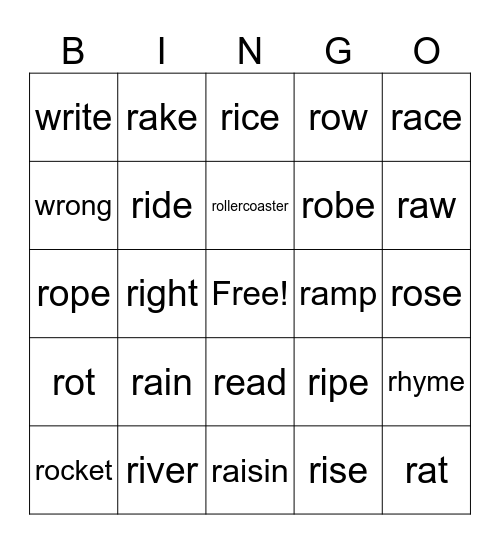 prevocalic /r/ bingo Card