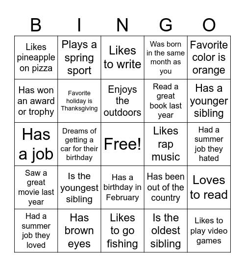 First Day Bingo Card