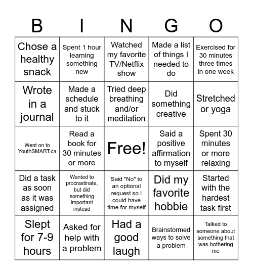 Coping with Stress Bingo Card