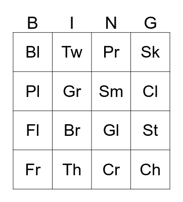 Consonant Blends Bingo Card