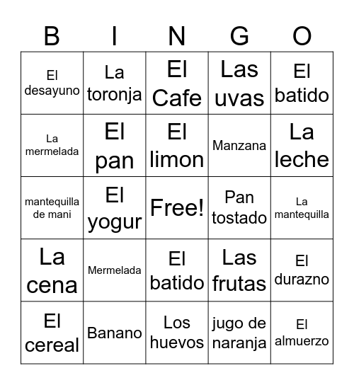 Vocabulary- Food Bingo Card