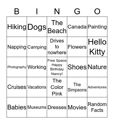 Nancy's Birthday Bingo Card