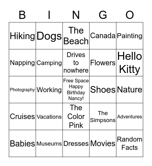 Nancy's Birthday Bingo Card