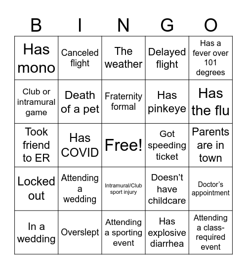 Student Excuse Bingo Card