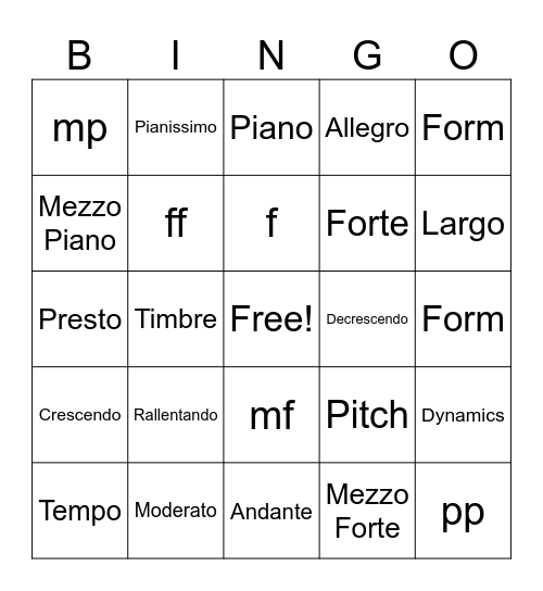 Music Elements Bingo Card