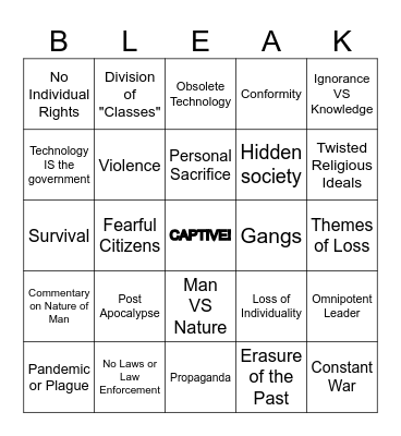 Dystopian Literature Bleakness bingo Card