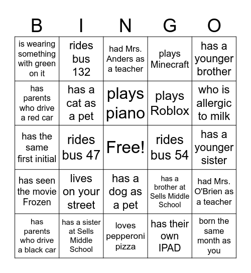 Indoor Recess Bingo Card