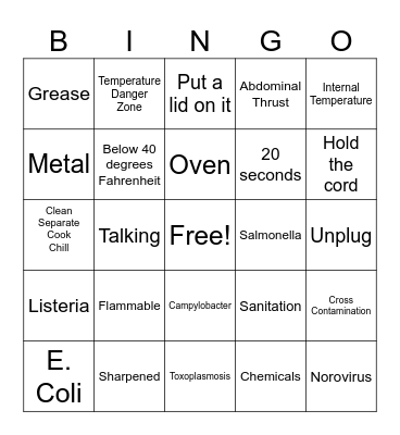 Safety and Sanitation Bingo Card
