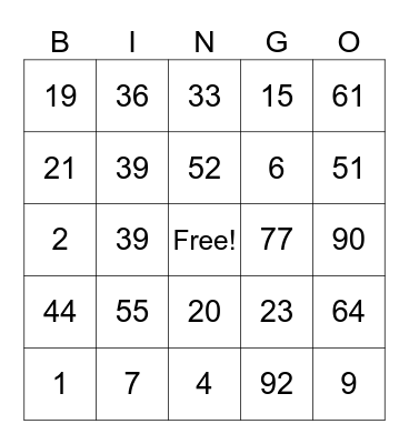 Number Bingo Card