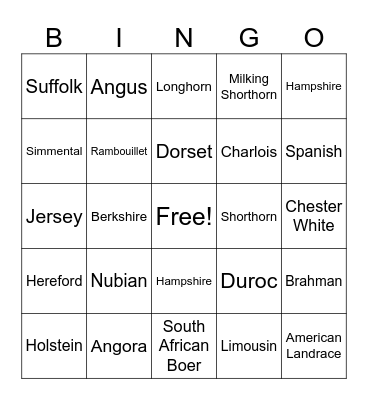 Livestock Breeds Bingo Card