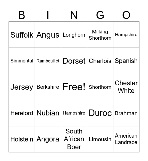 Livestock Breeds Bingo Card