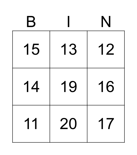 Bingo numbers CE1 Bingo Card