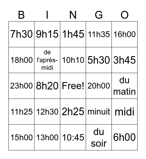 Quelle heure est-il? Bingo Card