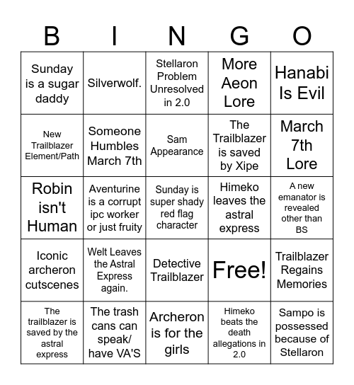 Penacony 2.0 Predictions Bingo Card