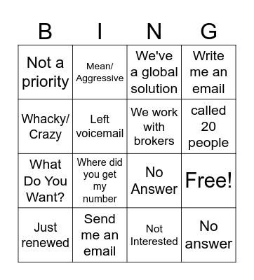 Cold Call Bingo Card