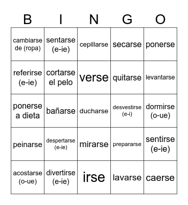 Spanish 1 Unit 7 Reflexive Verbs Bingo Card