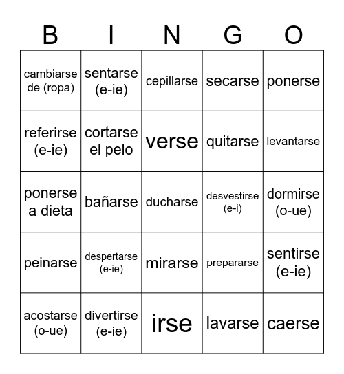 Spanish 1 Unit 7 Reflexive Verbs Bingo Card