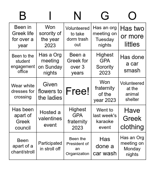 Fraternity/Sorority Bingo Card