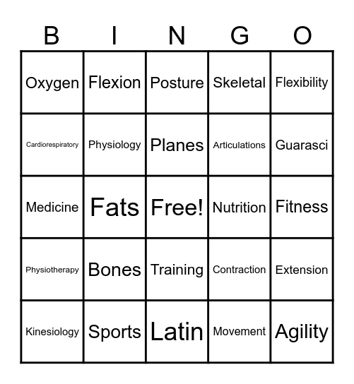 Kinesiology Bingo Card