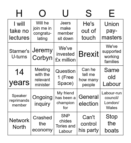 PMQs Bingo Card