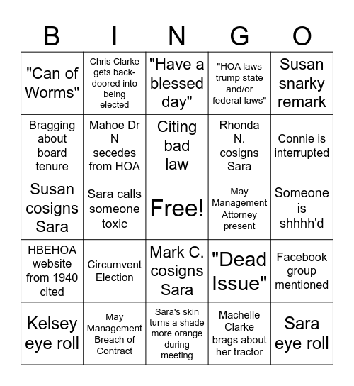 HBEHOA Meeting Bingo Card