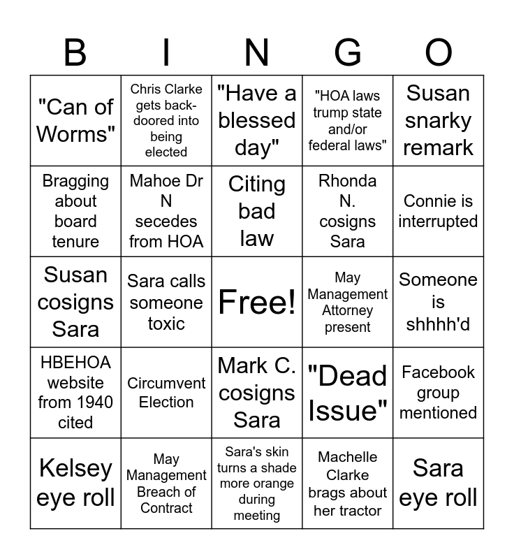 HBEHOA Meeting Bingo Card