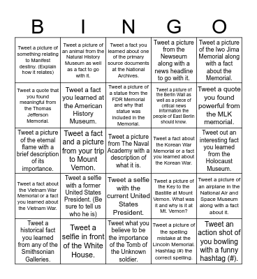 Kinkaid 8th Grade DC Trip Bingo Card