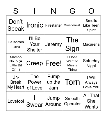 SINGO Bingo Card