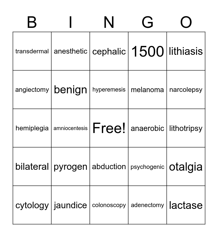 Med Term Chapters 1,2,3 Bingo Card