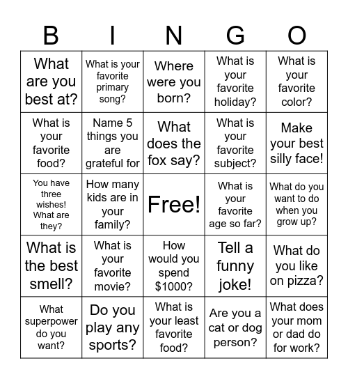 Getting to Know You! Bingo Card