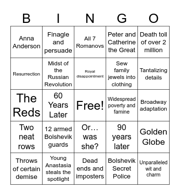 Mystery of the Romanov Family Bingo Card