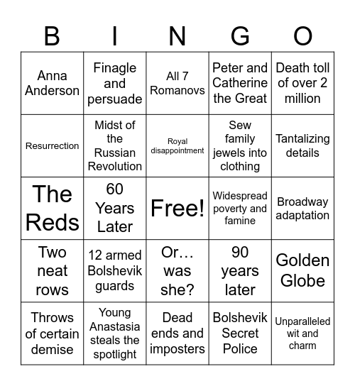 Mystery of the Romanov Family Bingo Card