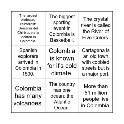 Can you find 3 true Colombian Facts? Bingo Card
