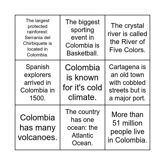 Can you find 3 true Colombian Facts? Bingo Card