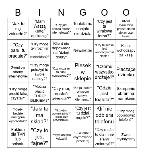 Praca w sklepie odziezowym Bingo Card