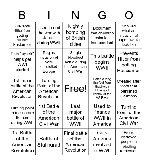American History- Wars and more! Bingo Card
