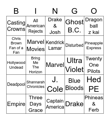 Entertainment Bingo Card