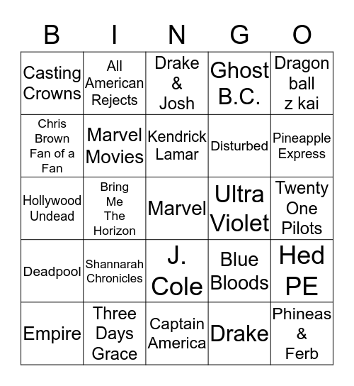 Entertainment Bingo Card