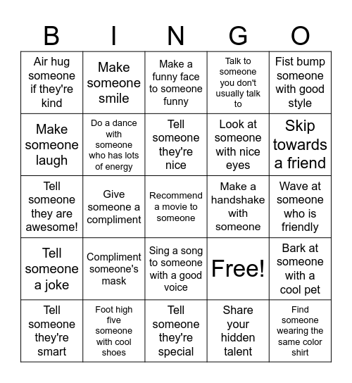 Compliment Bingo Card