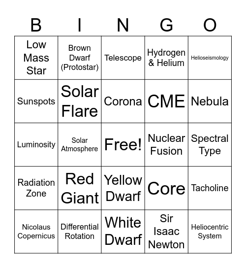 Unit 1: The Sun Bingo Card