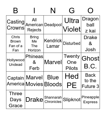 Entertainment Bingo Card