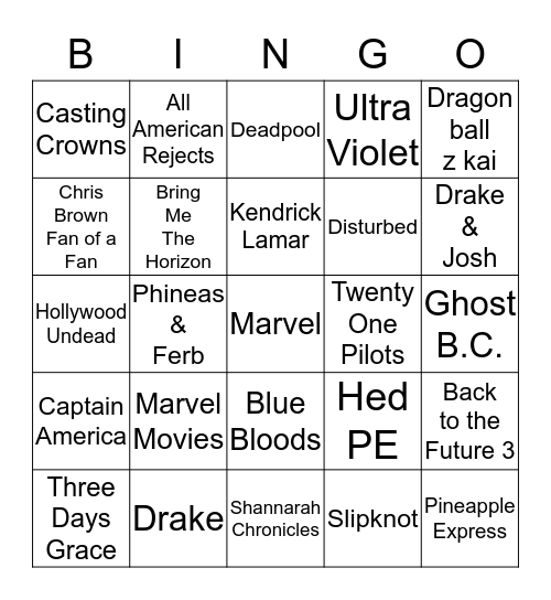 Entertainment Bingo Card