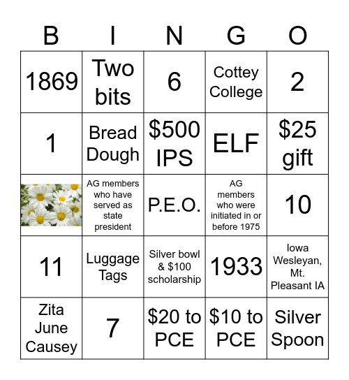 P.E.O. Bingo Card