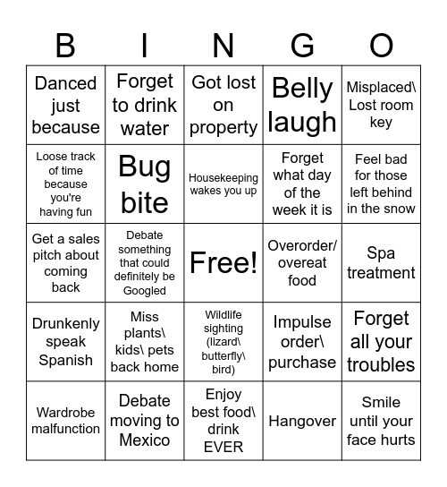 Anniversary Trip Bingo Card