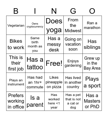 Get to Know You Bingo Card