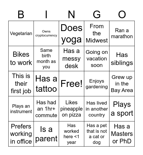Get to Know You Bingo Card