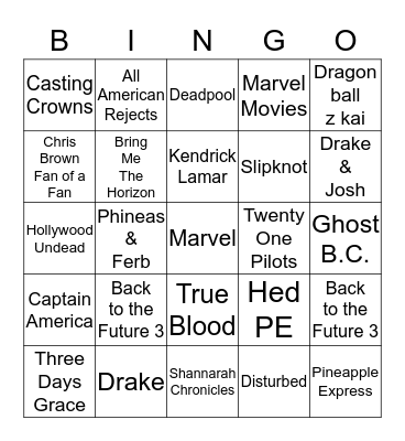 Entertainment Bingo Card