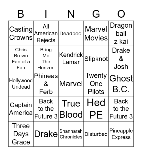 Entertainment Bingo Card