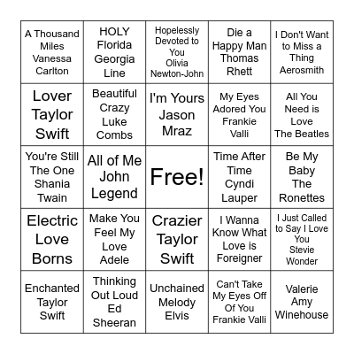 Love Song Bingo Card